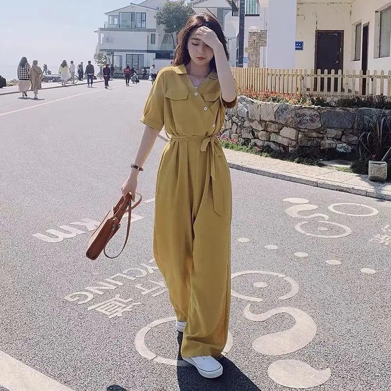 

Women 2021 Summer Rompers Female Jumpsuit Short Sleeve Playsuit Ladies Straight Leg Jumpsuits with Belt Bodysuit Overalls S170