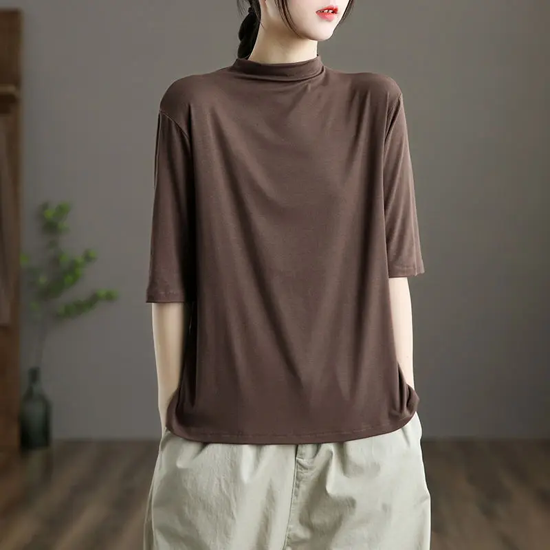 

Summer art model half high collar short sleeve T-shirt women's cotton versatile base shirt loose size women's wear