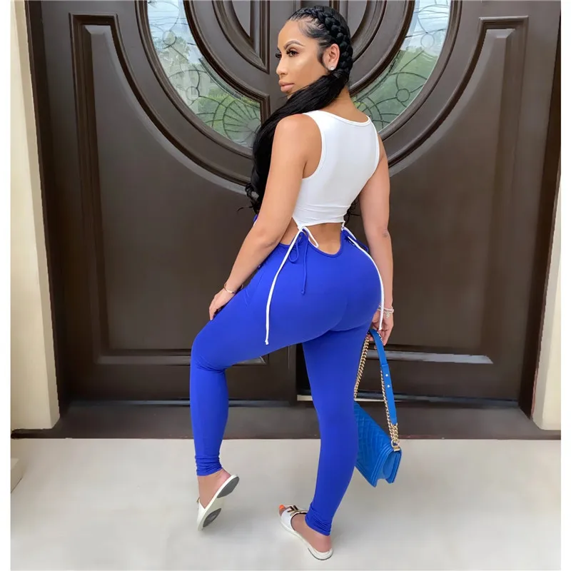 

Hollow out patchwork jumpsuit pants 2020 new sexy sleeveless bodycon jumpsuit summer sports long pants jumpsuit
