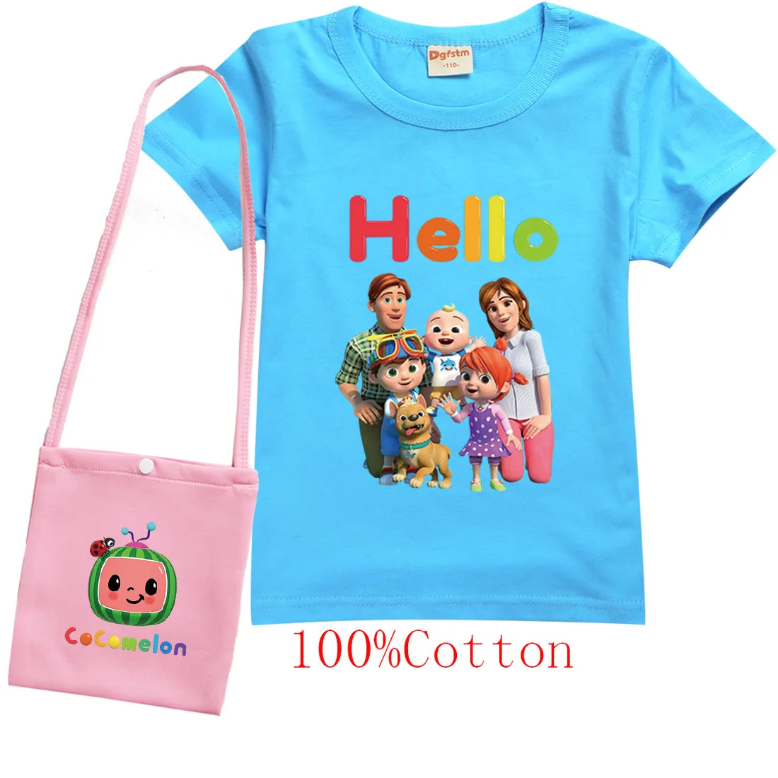

New Arrival 2021 Funny Kids Cocomelon Clothes Baby Girls Watermelon Robot and Ladybug Print T-shirt with Bag for Boys Summer Top
