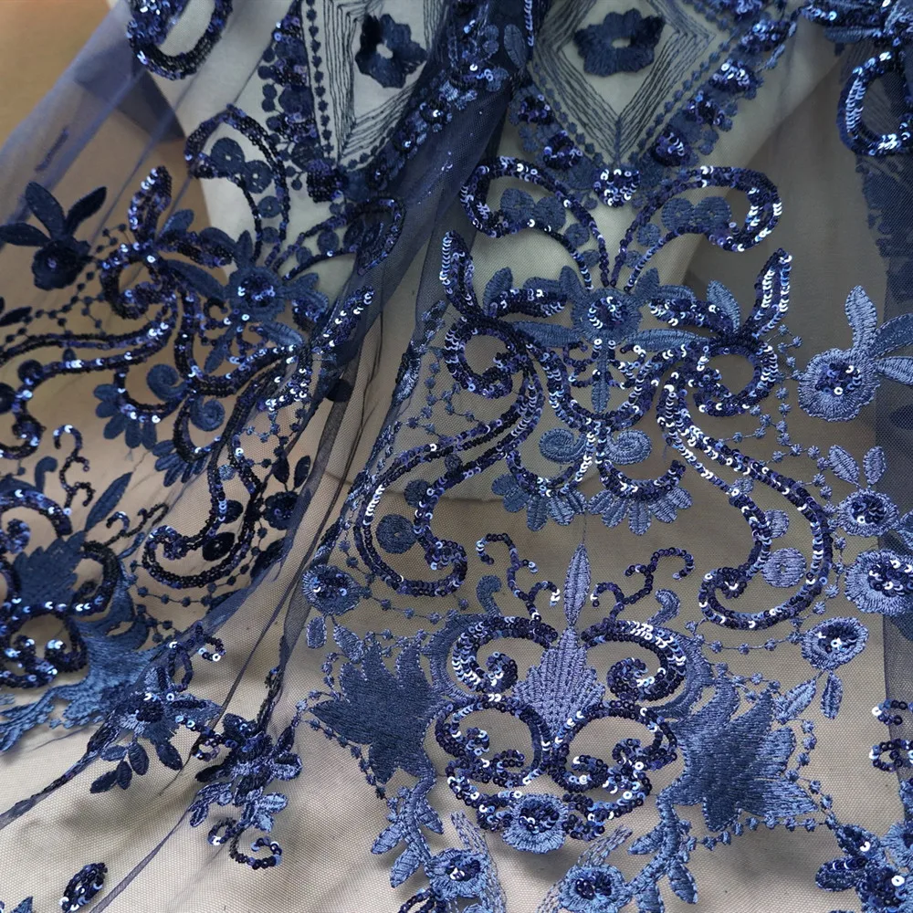

Блестящая кружевная ткань Королевского синего цвета с блестками, французская кружевная ткань с тяжелой вышивкой, африканская кружевная тк...