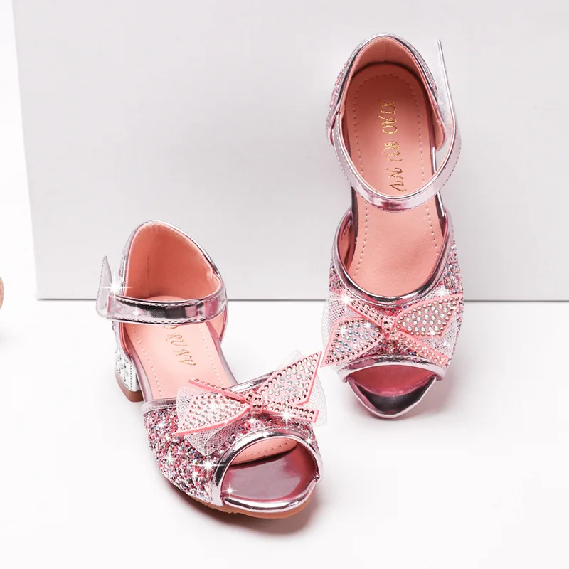 

New Princess Children Shoes For Girls Sandals Sequins Leather Bowknot High-heeled Party Sandals Kids Shoes Party Dress Shoe Pink