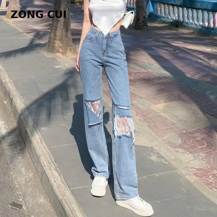 

Fashion Hole Blue Denim Jeans High Waist Casual Slim Straight Wide Leg Pants Loose Cotton Korean Street Wear Summer New 2021
