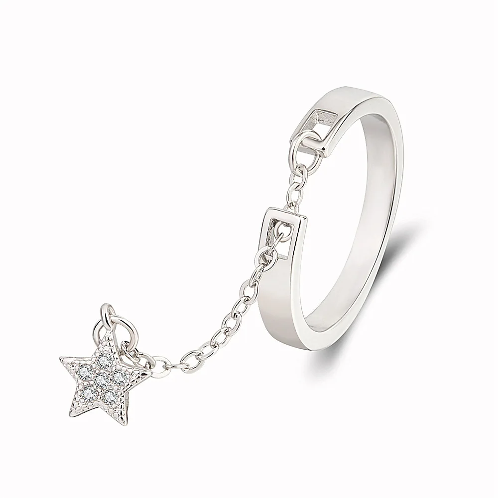 

New Trendy Inlaid Zircon Star Moon Adjustable Rings Silver Plating Chain Open Couple Rings For Women Jewelry 2021