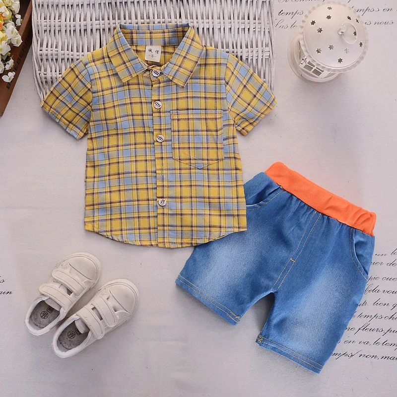Summer new Boys Clothing Baby boy cute plaid short-sleeved shirt + shorts Set 2 pieces Children Sets |
