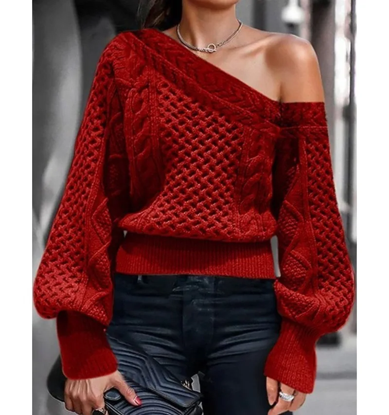 

Autumn Sexy Red Off Shoulder Long Lantern Sleeve Sweater Women's Winter One-neck Loose Knitted Pullover Knit Sweater Green Black