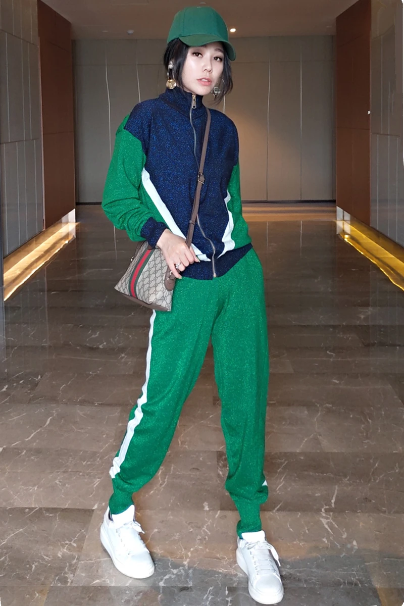 

Fall Suit Loose Trousers Zipper Cardigan Sale Full New Fashion Tide 2020 Hit The Color Thread Knitted And Knit Female Two-piece