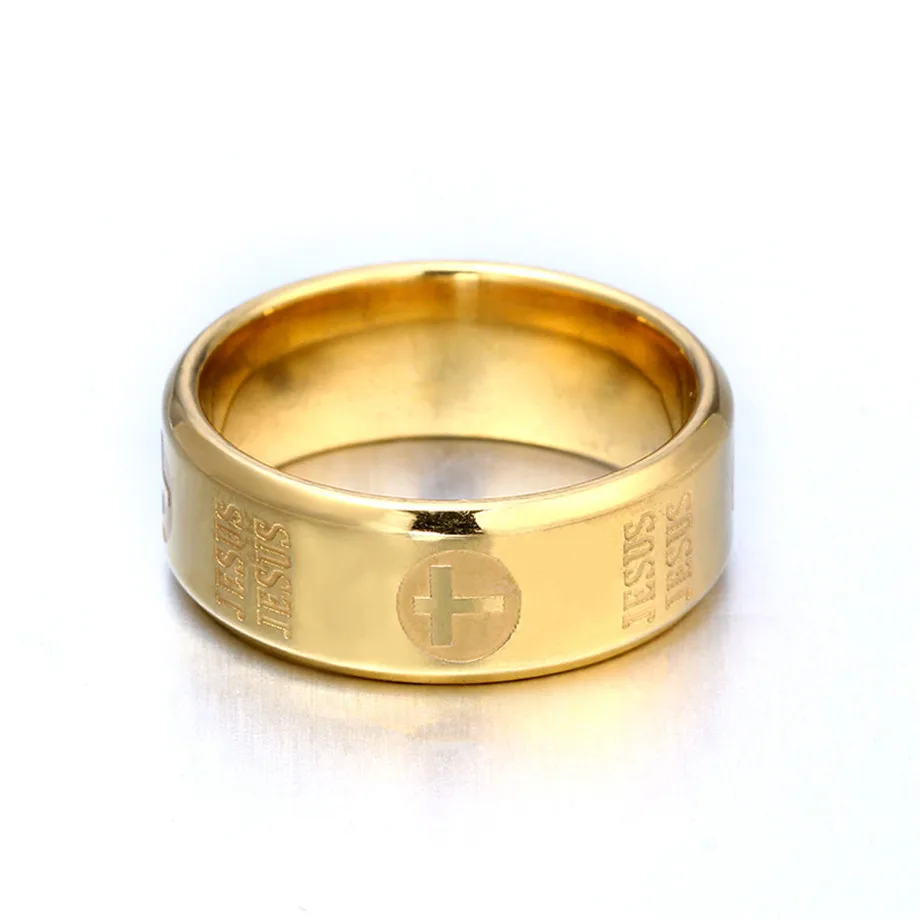 Мужское кольцо крест Иисуса золотого цвета из нержавеющей стали молитва