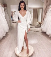 wedding dress satin long puff sleeve split 2021 a line sexy button floor length robe de mariee vestidos de novia for women