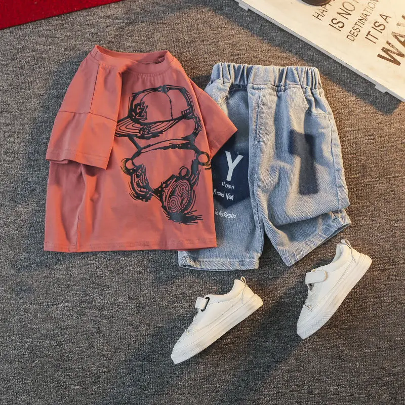 

Boys Girls Short-sleeved Suit 2021 Summer New Korean Style Baby Summer Thin Clothes Children's Two-piece Set(Top+pant)