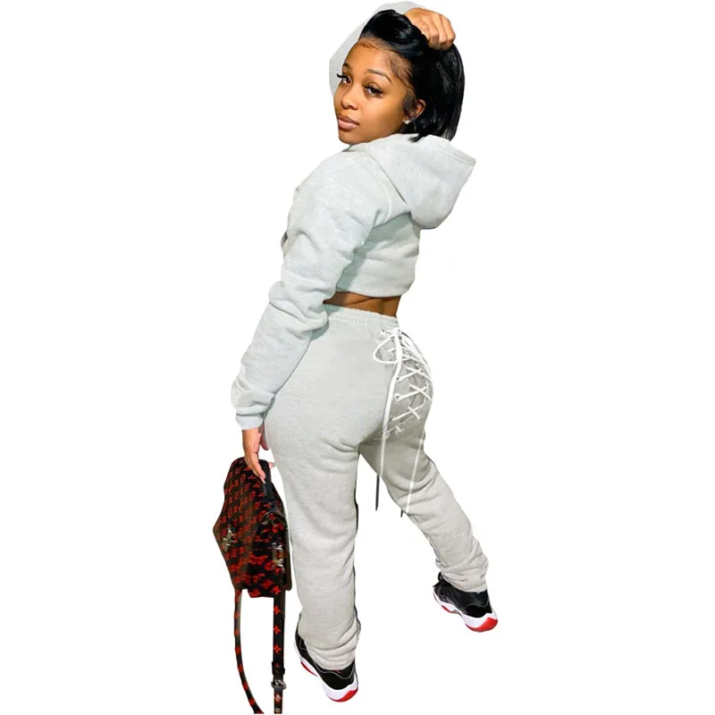 

New Two Piece Set Women Sweatsuits for Women Fall Clothes Tracksuit Hooded Top Lace Up Back Pants Outfit Wholesale Dropshipping