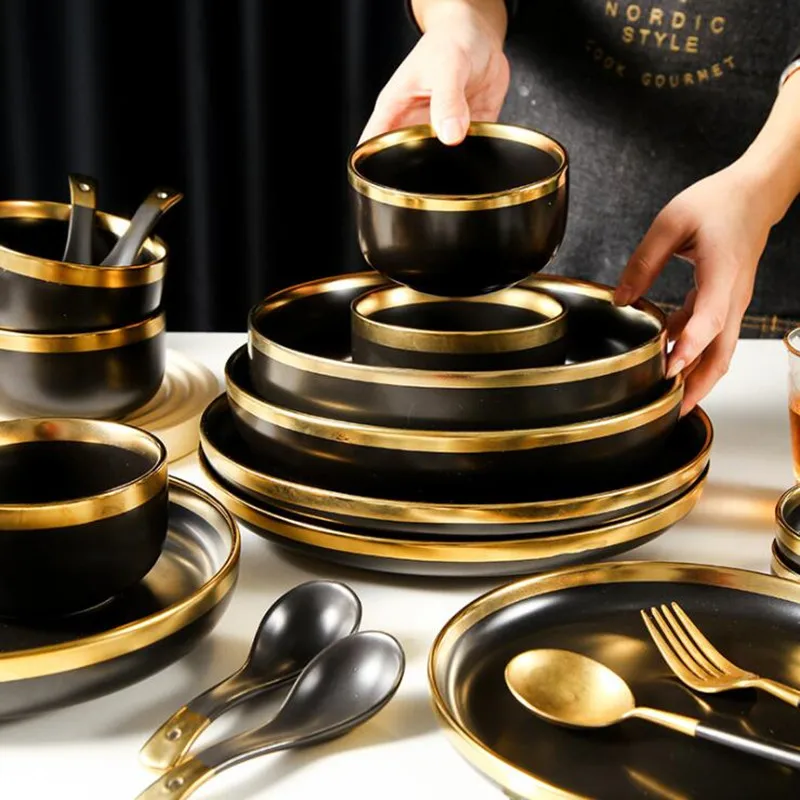 

High-quality Matte Gilt Rim Black Porcelain Dinner Plate Set Kitchen Plate Ceramic Tableware Food Dishes Rice Salad Noodles Bowl
