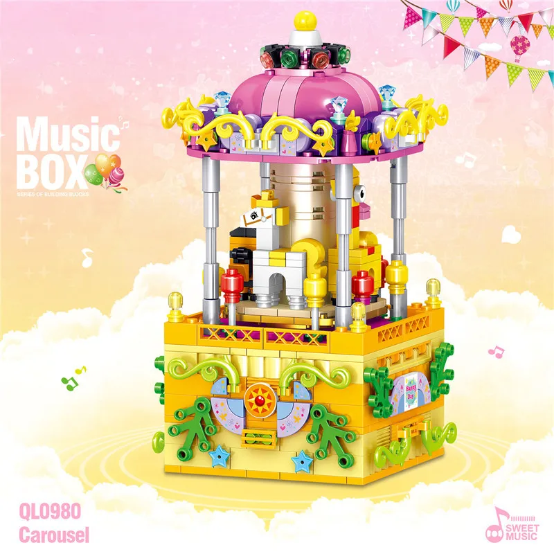 

New Romantic Sakura Tree House Music Box Model Sets Building Bricks Ferris Wheel Carousel Toys Gifts For Friend Kids