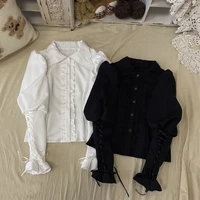 elegant fashion blouse women chic lace long sleeve tops girl lolita sweet gothic vintage ruffle button up shirts black white red