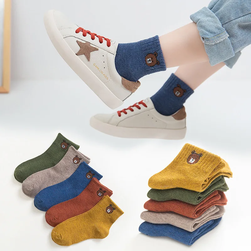 5 Pairs Baby Boys Winter Cartoon Bear Anti-skid Socks Kids Breathable Spring Autumn Cotton Keep Warm Floor Girls Socks