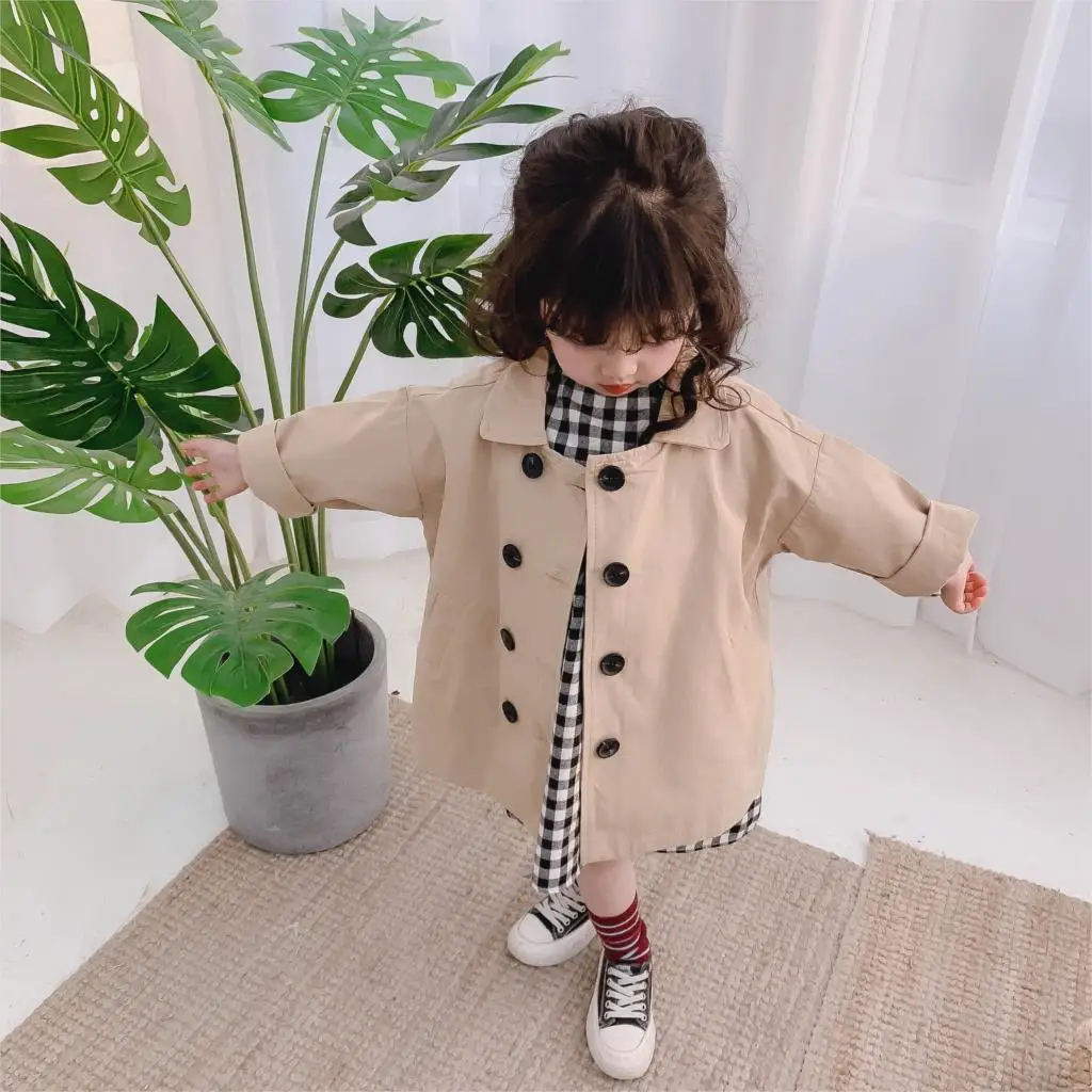 Модный хлопковый тренчкот цвета хаки/красного для маленьких девочек