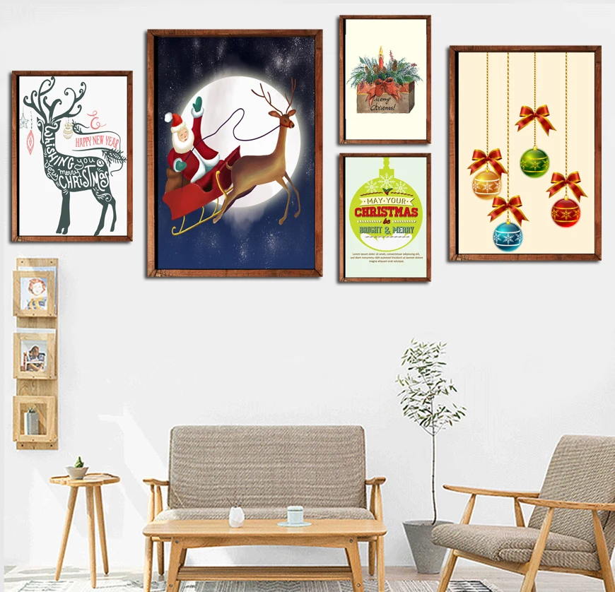 Скандинавский мультфильм Рождество Холст Картина олень Санта Клаус Творческий