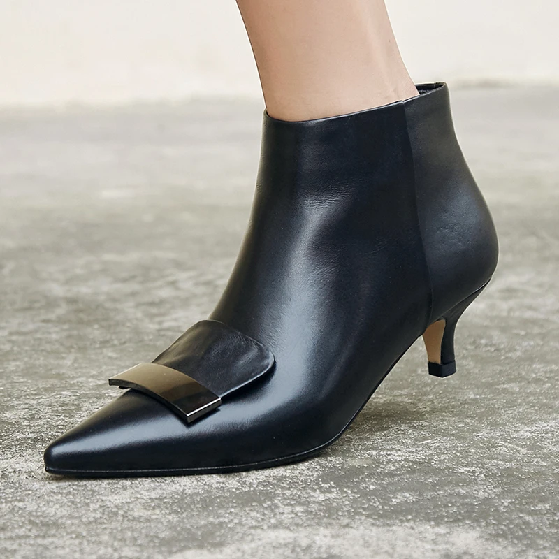 Plus Size 34-43 Genuine Leather Women Shoes Stiletto Thin High Heels Pointed Toe Sexy Leather Belt Buckle Ankle Boots Feminina