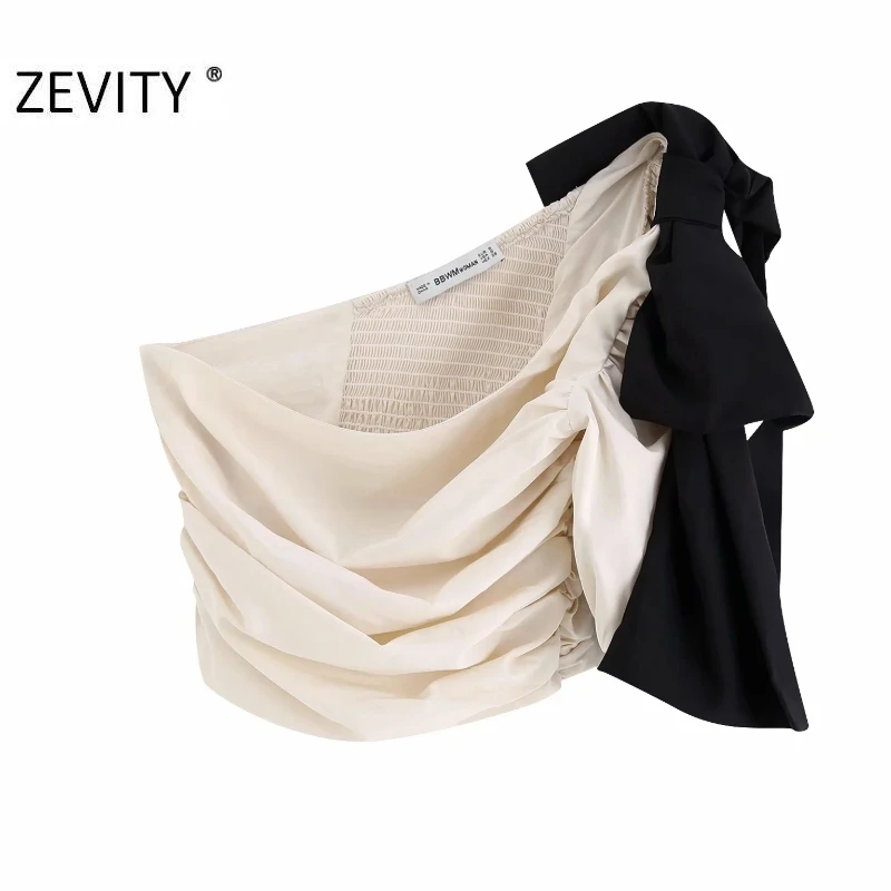 ZEVITY women sexy single shoulder black bow asymmetric smock blouse shirt pleats elastic chic blusas femininas tops LS7128 | Женская