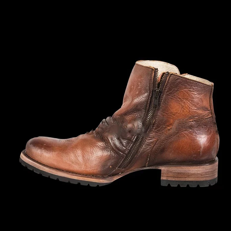 

Мужские кожаные ботинки с круглым носком, на молнии сбоку, с хлопковой подкладкой