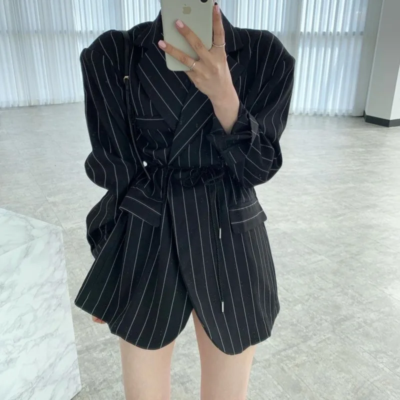 

Korean Spring Double Pocket Striped Suit Drawstring Waist Long Sleeve Blazer Coat For Women Black Loose Outwear Jacket Femme