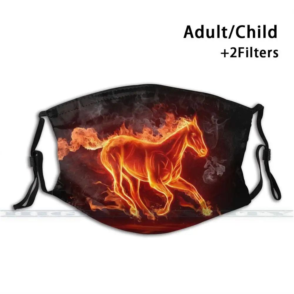 

Fiery Horse. Washable Reusable Trendy Mouth Face Mask With Filters For Child Adult Dark Blue Skull Black Vintage Cool Death