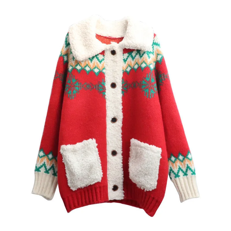 

Women Christmas Sweater Red Cardigans Fur Collar Stitching Thicken Winter Fashion Korean Tops