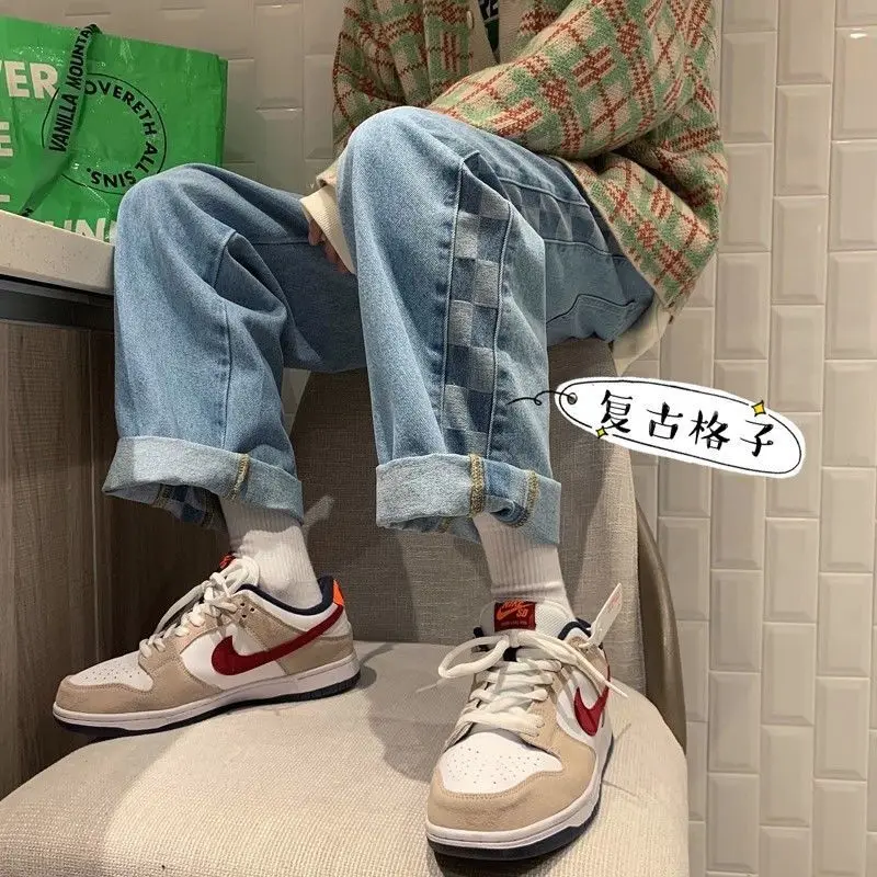 

Men's pants new Korean Trend loose straight jeans retro ruffian handsome Plaid wide leg daddy pants