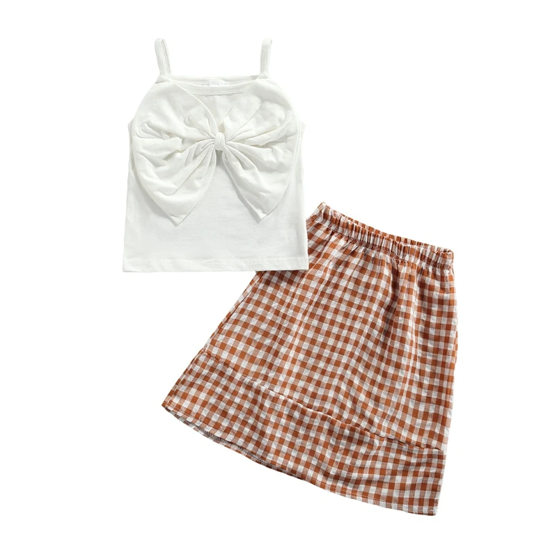 

Повседневный комплект одежды для девочек из двух предметов, однотонная кофта с вырезом лодочкой и клетчатая юбка с эластичным поясом, белый...