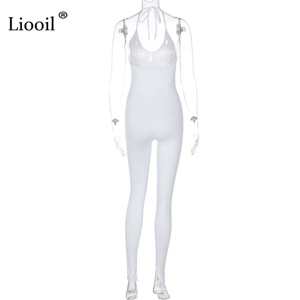 

Liooil Sexy Backless Slit Jumpsuits For Women 2021 Streetwear Sleeveless Drawstring Brown White Bodycon Rompers Womens Jumpsuit