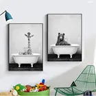 Картина в скандинавском стиле, черно-белая панда, стирка животных в ванной комнате, настенные картины для гостиной, ванной комнаты