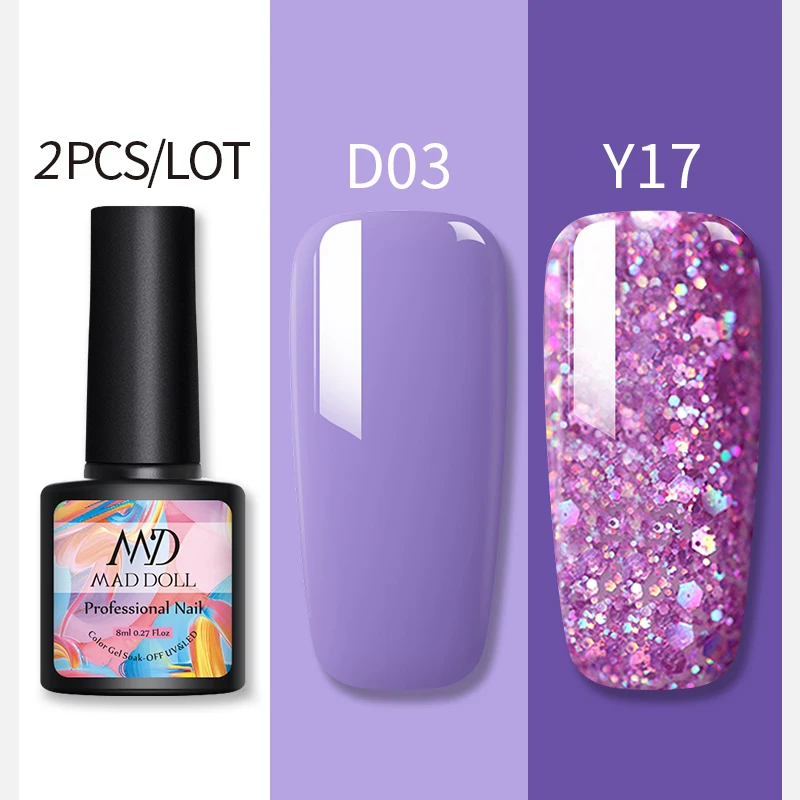 D03Y17 2 бутылки 8 мл MAD DOLL УФ-гель для ногтей чистый цвет и Блестящие Блестки долговечный впитывающий Гель-лак для нейл-арта - Цвет: D03Y17
