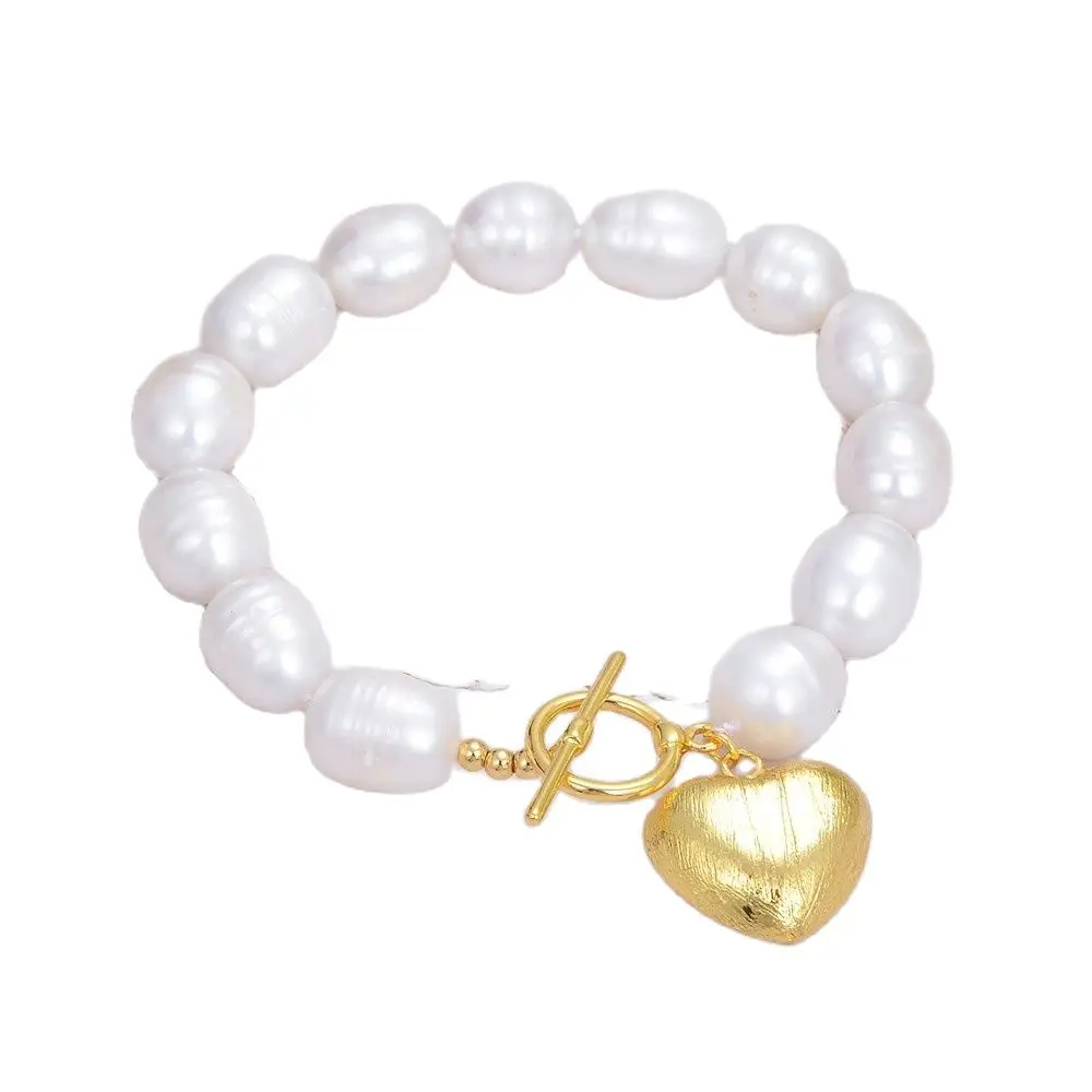 

GG Jewelry Natural Cultured White Rice Pearl Bracelet Gold Color Plated Brushed Heart Charm 8" Handmade For Women