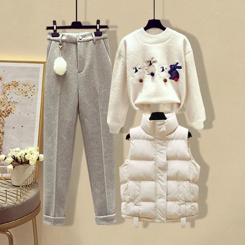 

Vetement Femme 2021 Winter 3pcs Set Women Fashion Waistcoat+Print Tops+Pants Suit Casual Three Piece Sets Womens Outfits X551