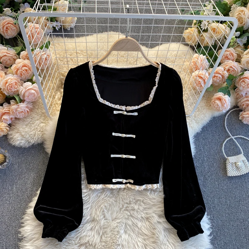 

Women's Cardigan Retro Chinese Style Lace Square Collar Puff Long Sleeves Velvet Tops Wholesale 2021 New Elegant Female Clothes