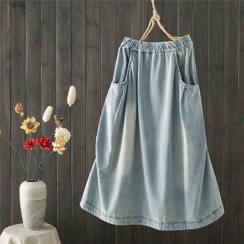 

2020 Spring and Summer New Simple Denim Skirts womens Folds Large Size Medium Wild Jeans Skirt Women Casual Mujer Faldas k860