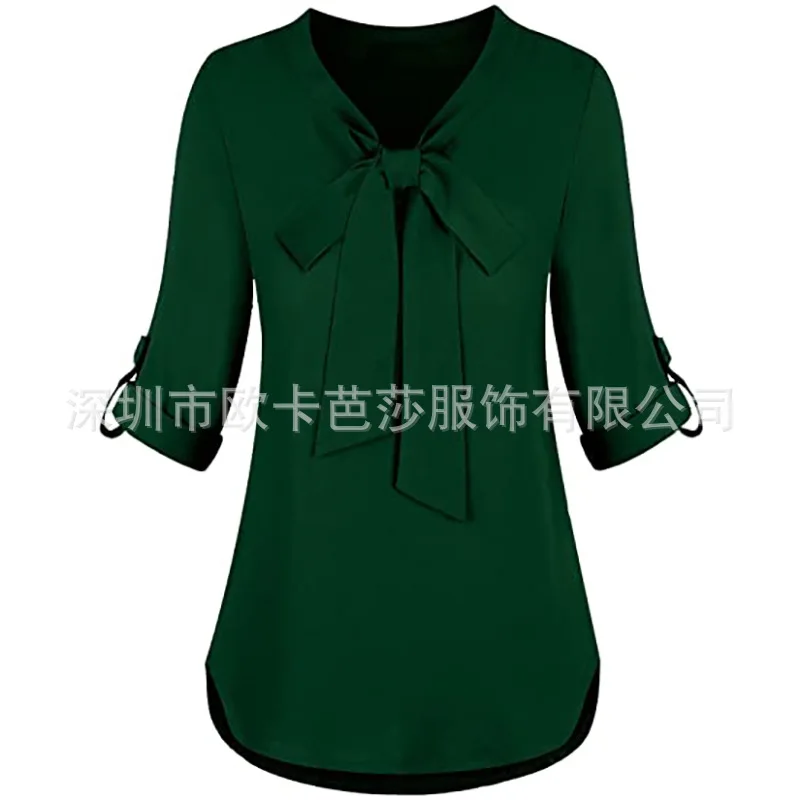 

2021 spring and Autumn New Women's bow tie stitching top roll sleeve casual versatile shirt