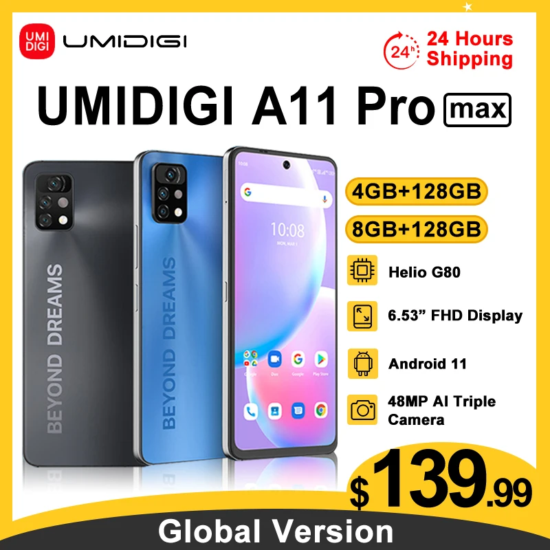 

[24H Shipping]UMIDIGI A11 Pro Max 4/8GB+128GB Global Version Smartphone 6.8"FHD+Screen Helio G80 48MP AI Triple Camera