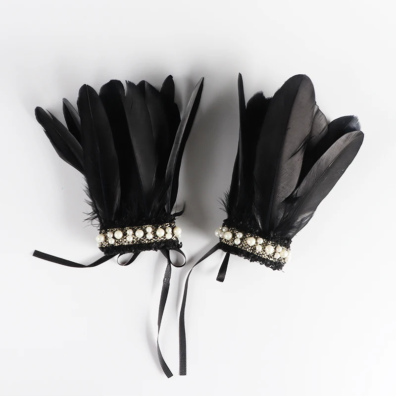 

Natural Goose Feather Wrist Cuffs With Pearl Ribbon Ties Gothic Hand Sleeve Bracelet Masquerade Party Rave Maid Cosplay Costume