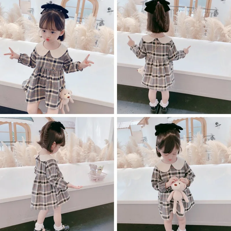 

Baby Girl's Princess Long Sleeve Dress Autumn Winter Fashion Plaid Doll Collar Bear Pendant Kids Dresses