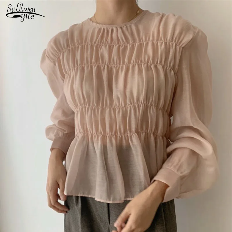 

Spring 2021 Blusa O-Neck Puff Long Sleeve Blouse Korean Ins Solid Pleated Design Perspective Summer Shirt Fashion Clothing 11357