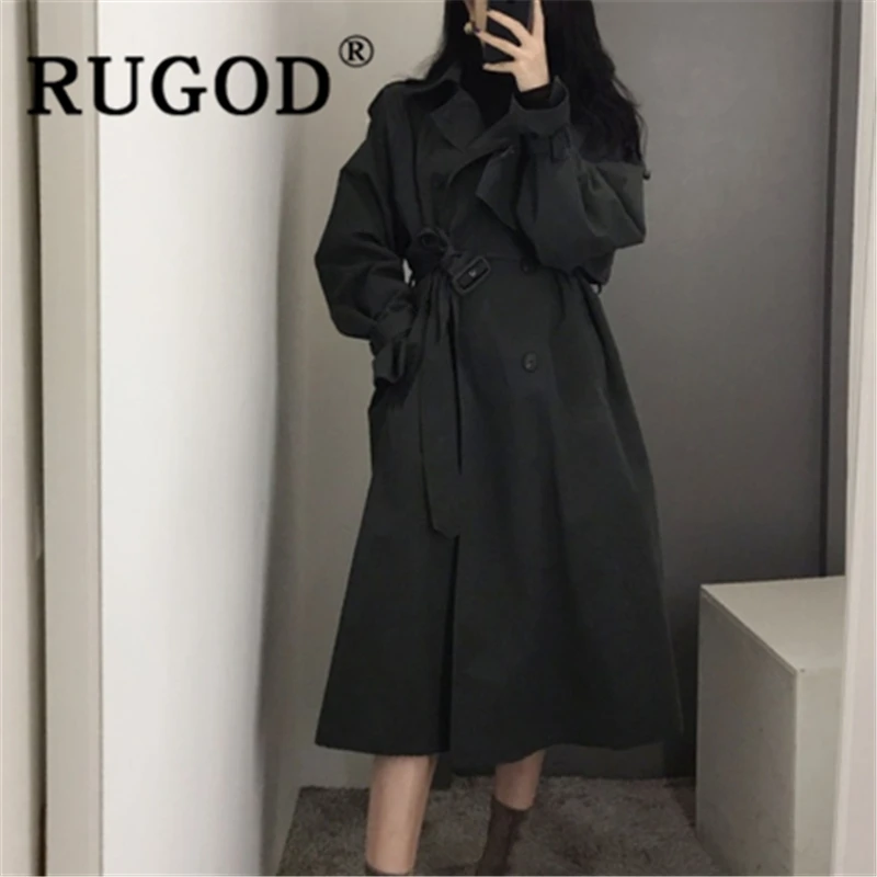 RUGOD, новинка, осенняя, зимняя, однотонная ветровка для женщин, отложной воротник, тонкое пальто с поясом, модное, женское, элегантное, офисное, для девушек - Цвет: Черный