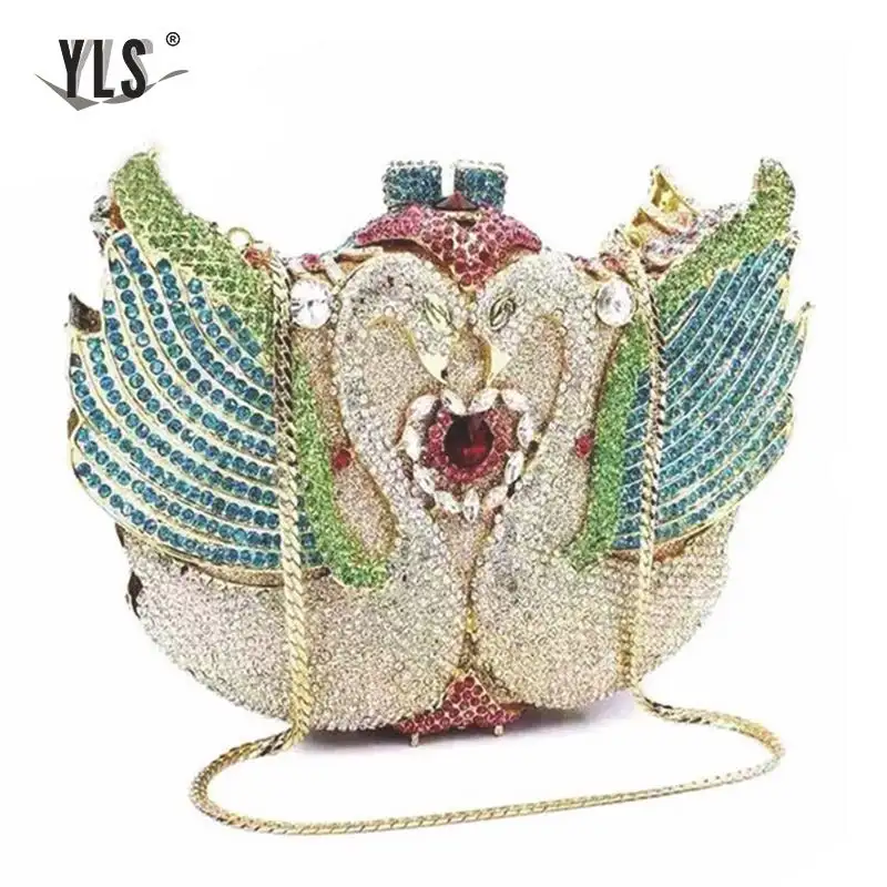 Роскошный женский клатч с кристаллами и лебедями Сумка серебряными бусинами