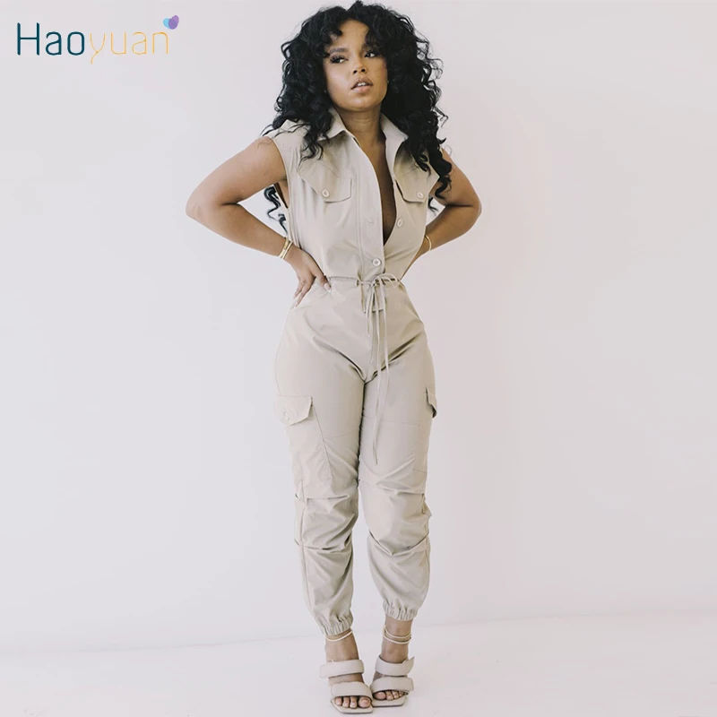 

HAOYUAN Sexy Bodycon Rompers Womens Jumpsuit Sleeveless Button Overalls 2021 Fashion Streetwear Body Suits One Piece Club Outfit