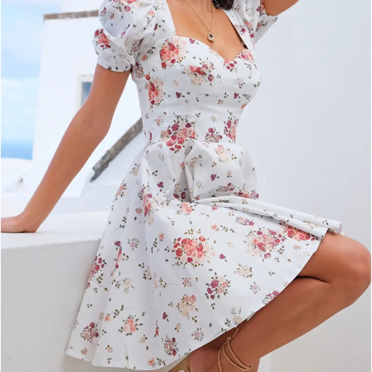 

European and American women's summer 2021 new ins dress sexy low-cut collar halter floral skirt