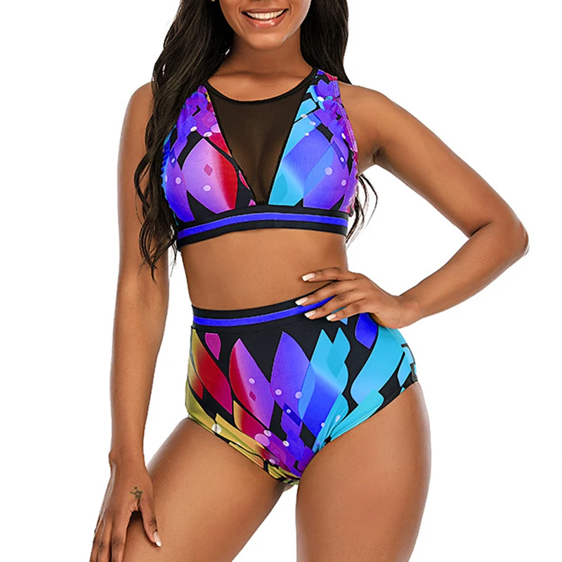 Купальник-бикини женский с разноцветным принтом пикантный сетчатый раздельный