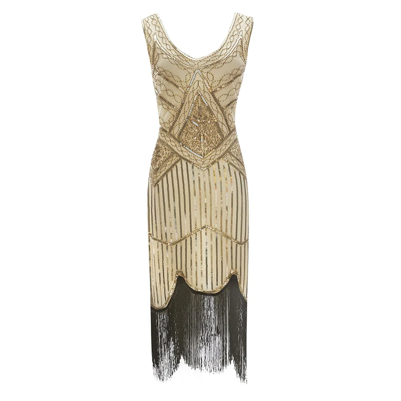 Apricot Dress 1920s Гэтсби блесток бахромой Пейсли Хлопушка платье с 20s аксессуары набор xs, s, l, m, xl, xxl - Цвет: Apricot Dress
