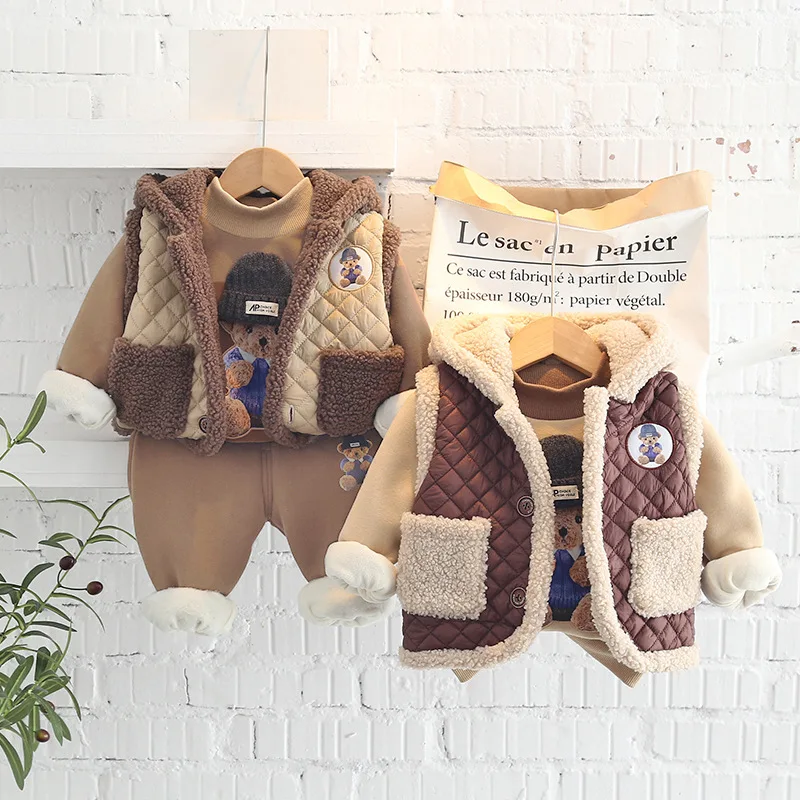Conjunto de 3 piezas de ropa para ni&ntilde;os, su&eacute;ter polar de mano, abrigo, pantalones, oto&ntilde;o e invierno, 2021-3