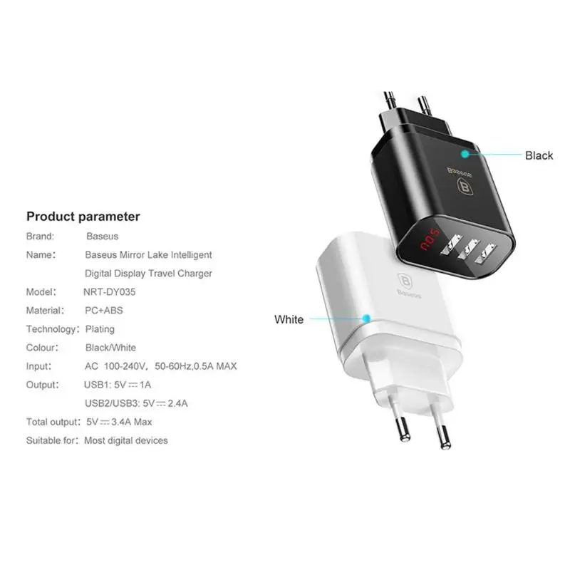 Baseus 3 порта USB зарядное устройство EU Plug 12 В 3.4A светодиодный дисплей универсальное мульти зарядное устройство для быстрой зарядки мобильного телефона дорожное настенное зарядное устройство