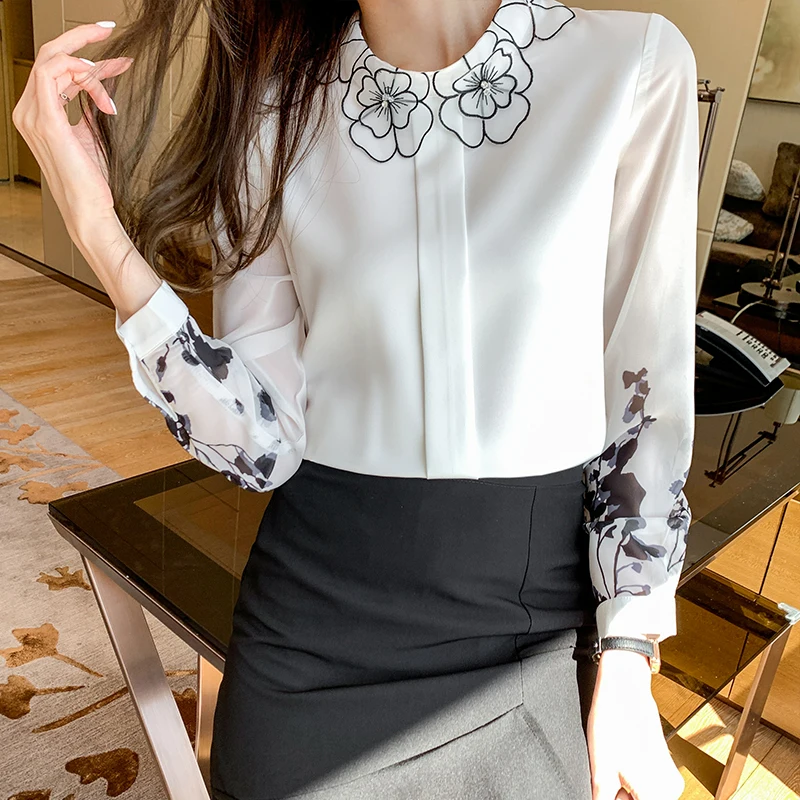 

Korean Women Shirts Chiffon Blouse For Women Long Sleeve Buttons Ladies Shirt Florals Tops Fashion Office Elegant Tops Clothing